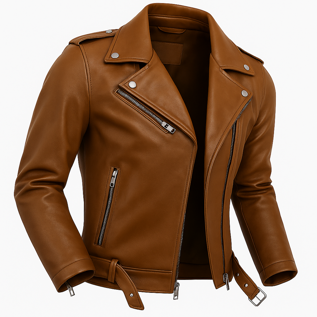 Jaqueta Masculina de Couro Nobre com Cinto Frontal