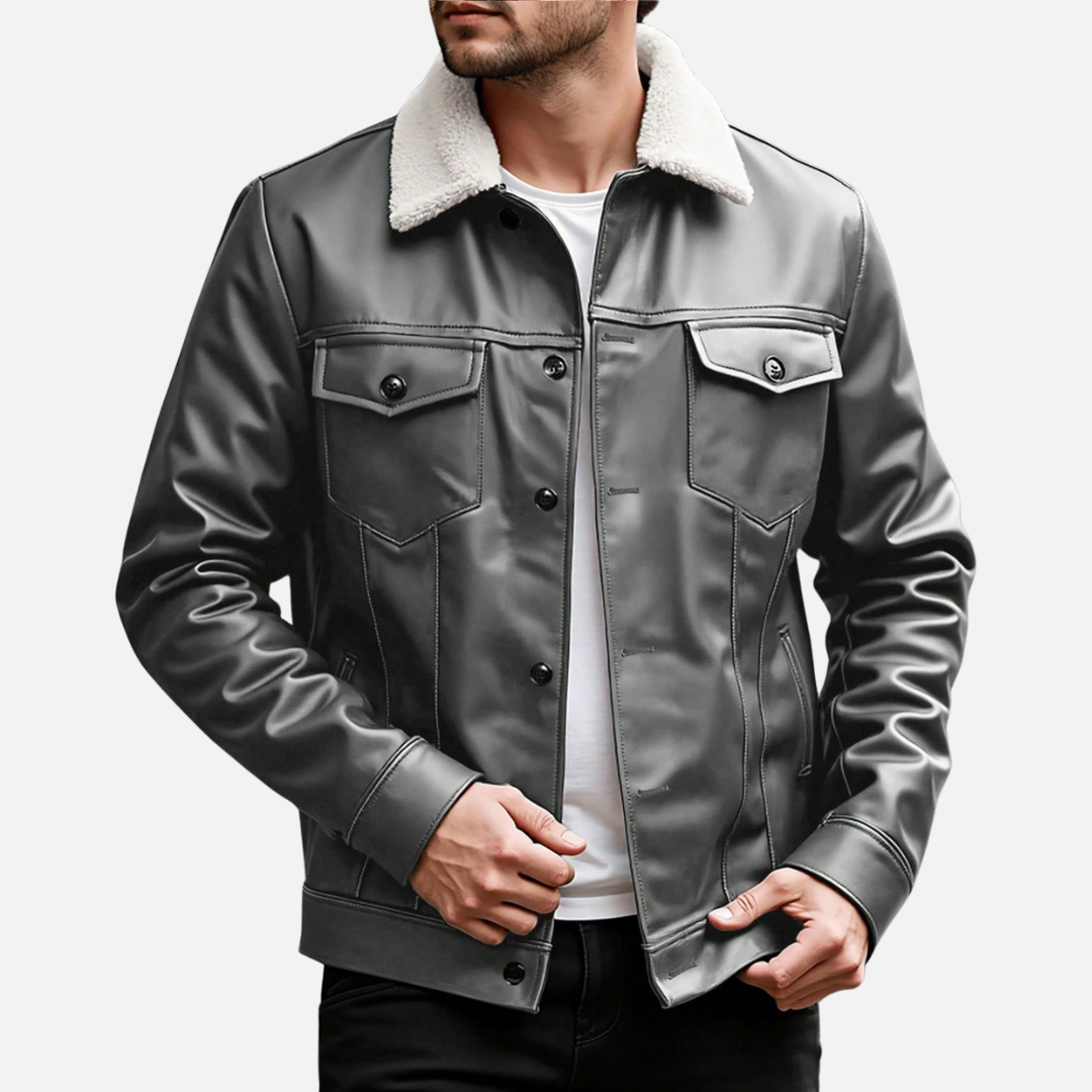 Jaqueta de Couro Masculina  com Gola Forrada