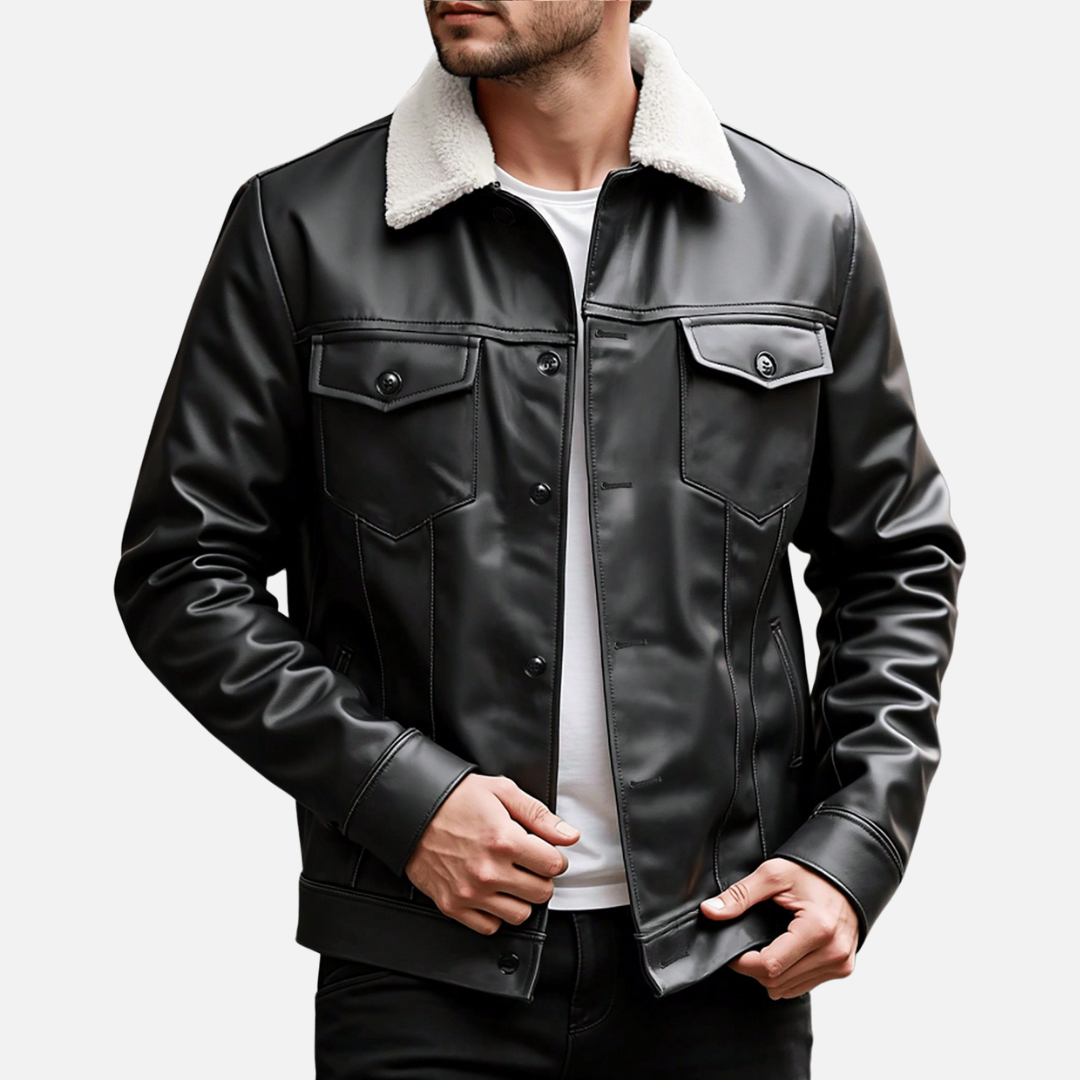 Jaqueta de Couro Masculina  com Gola Forrada